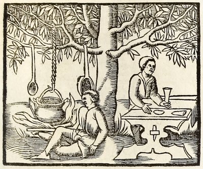 Cooking pot and waiting diner from 1550 edition of Cosmographia by Sebastian Munster by Sebastian Munster